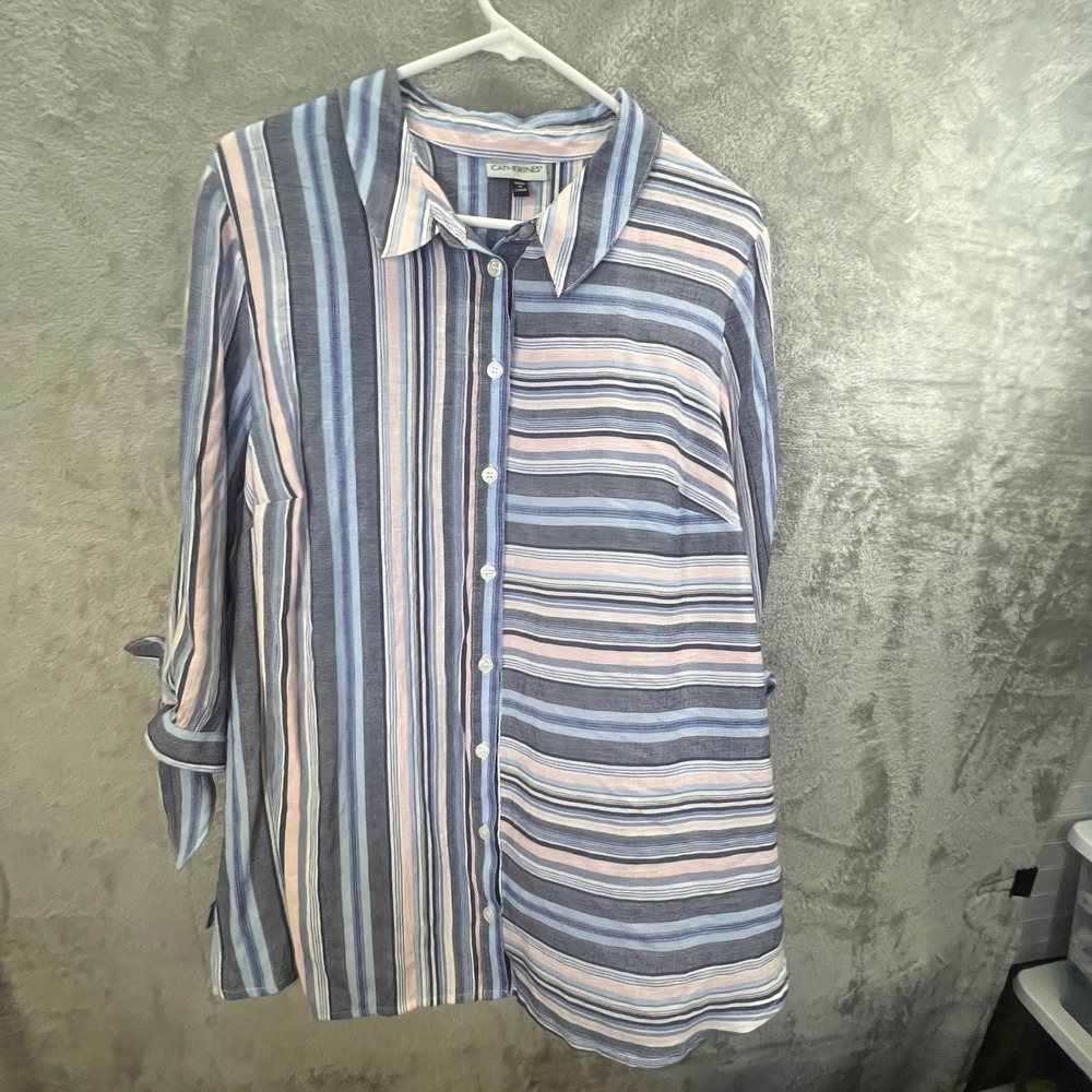Coastal‎ Grandmother XL Blue Pink Striped Button Front Tunic Shirt Tie Sleeve